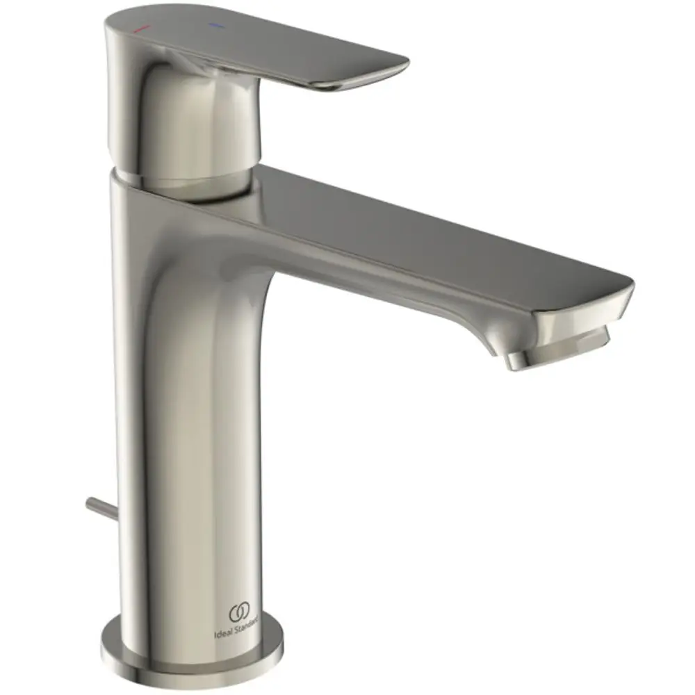 Einzelne Chrom-Armatur mit einem schmalen Auslauf und einem seitlichen Hebel zur Temperatur- und Durchflussregelung. Ideal Standard Logo am Sockel sichtbar.